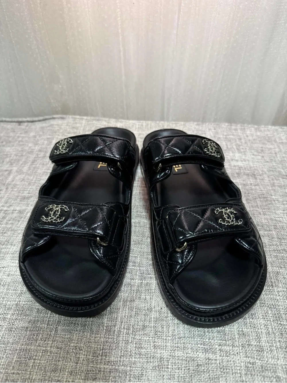 CHANEL Black Quilted Leather Double-Strap Men’s Slide Sandals